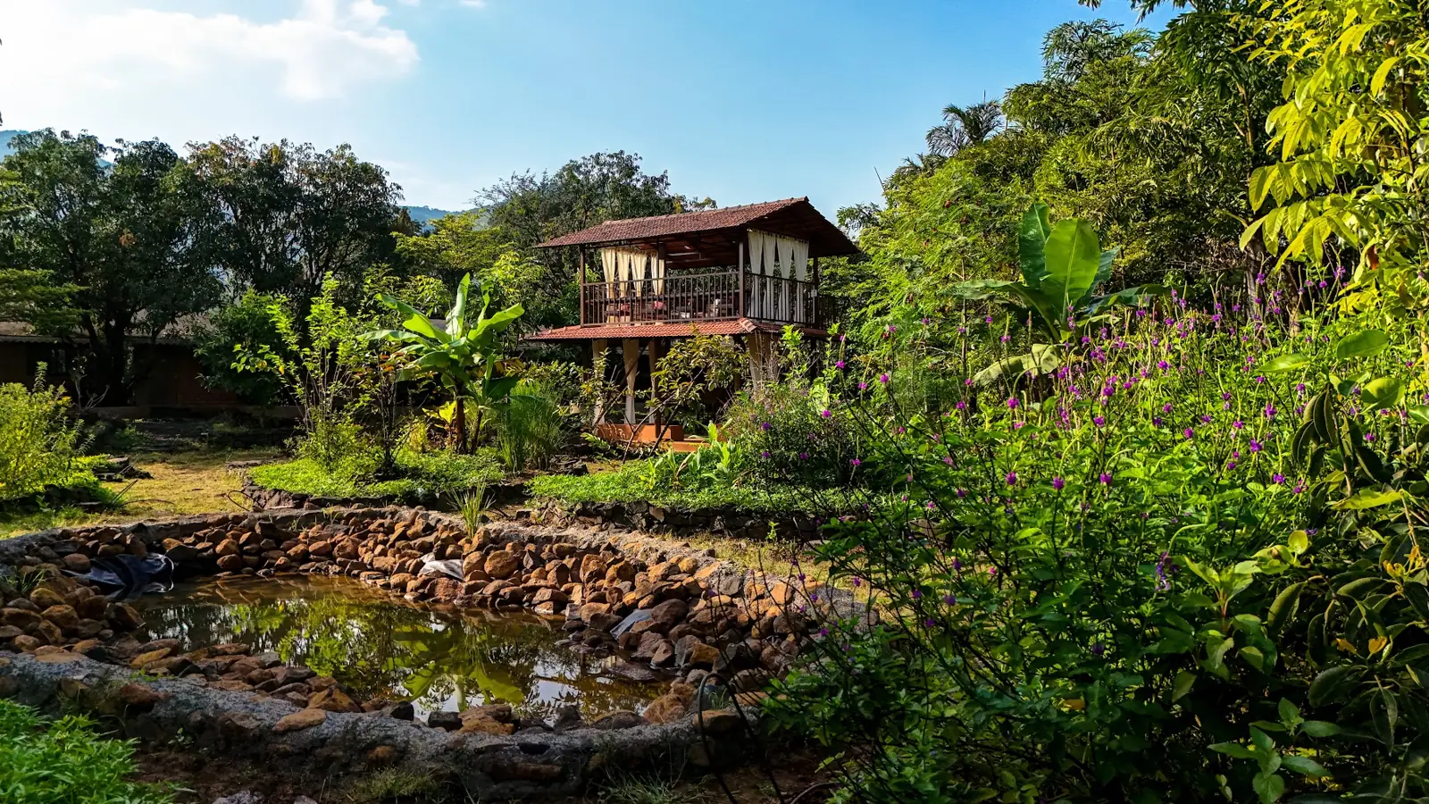 Landscaped corner with a pond near a machaan