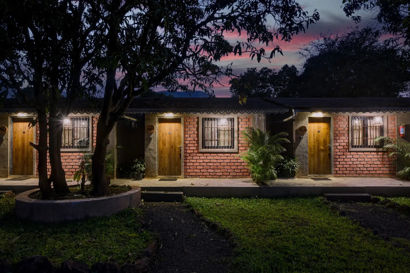 Cottages lit at dusk