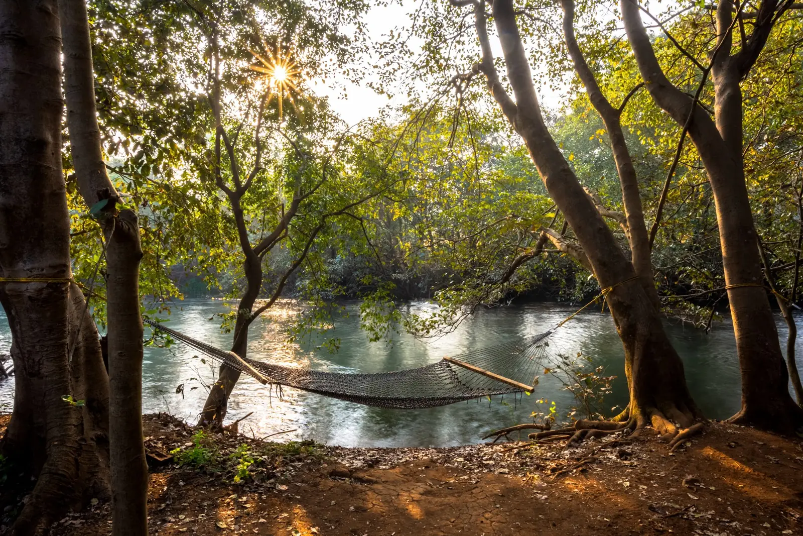 A rope hammock over the river